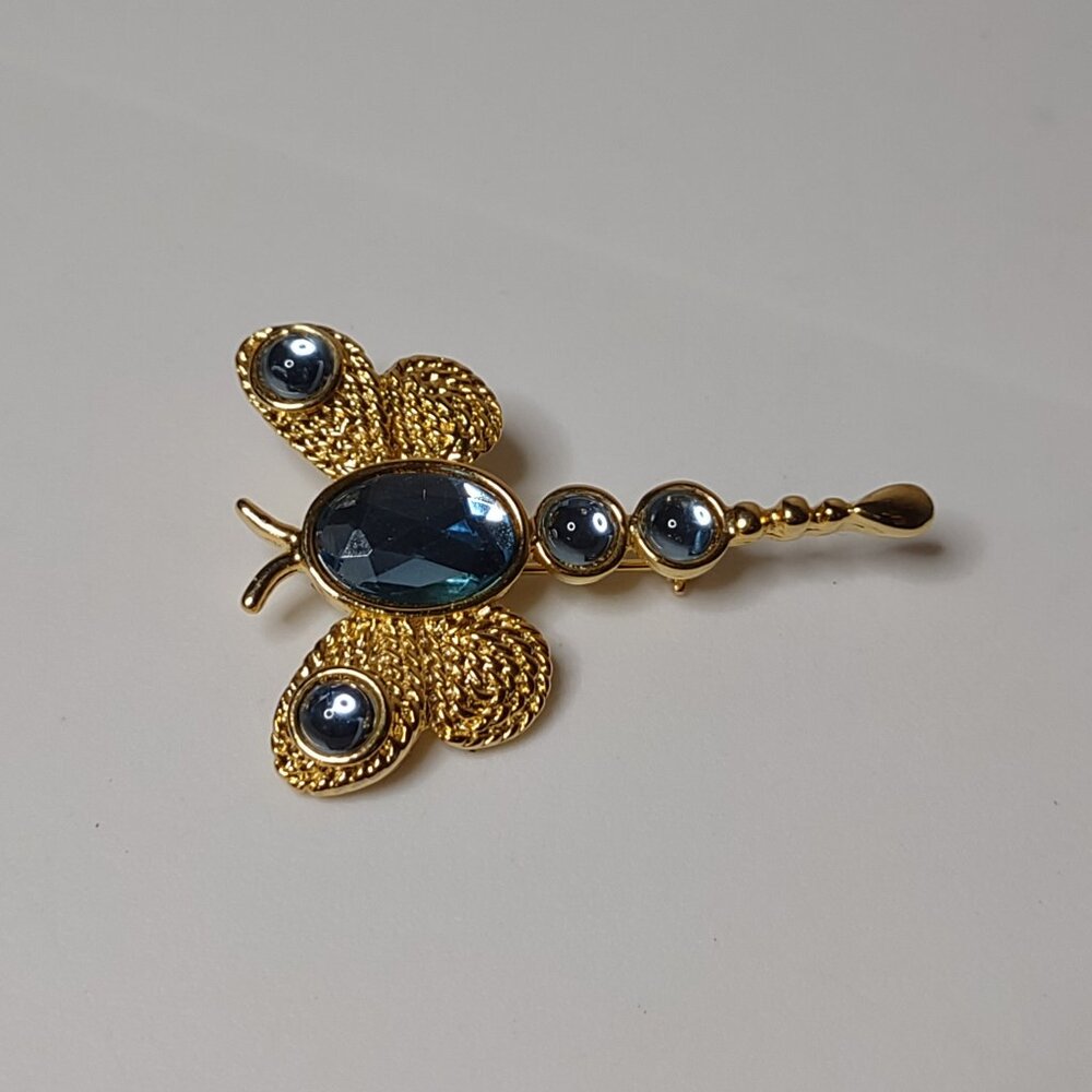 Cute Blue And Gold Tone Dragonfly Brooch
